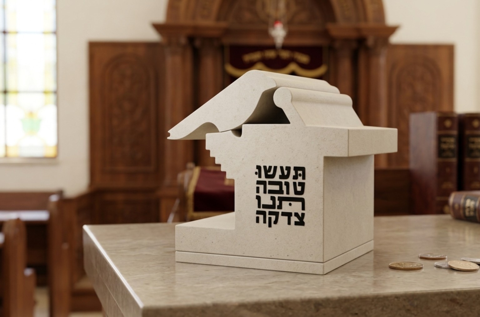 קופת צדקה מודפסת בתלת־ממד עם מסר טיפוגרפי