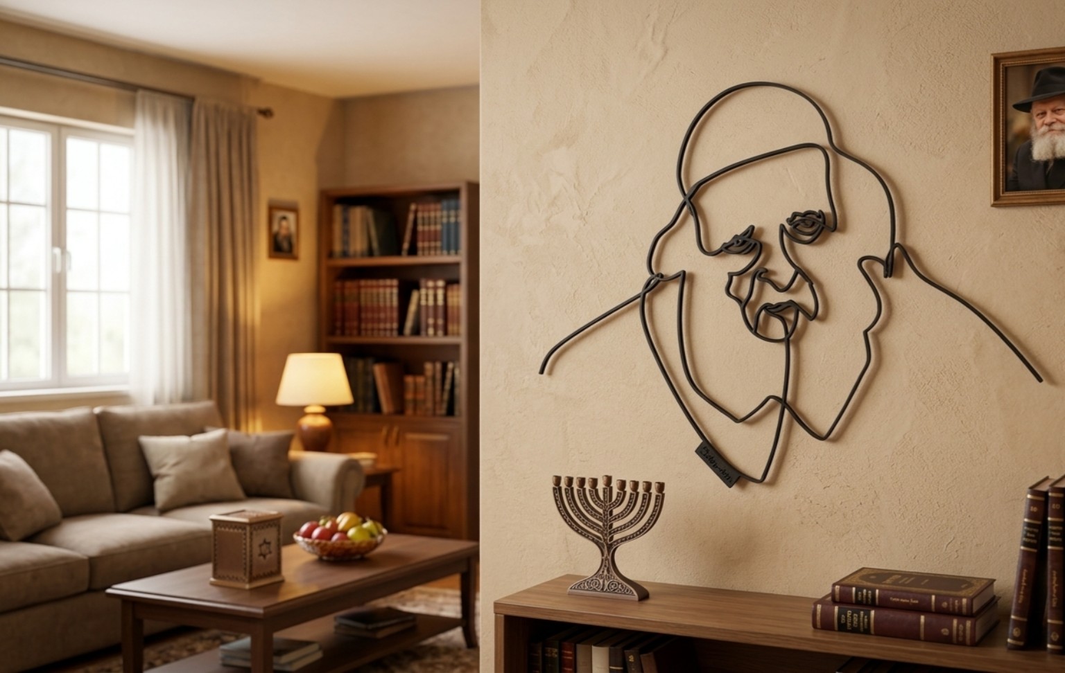 דיוקן רב מודפס בתלת־ממד בקו דק על קיר סלון
