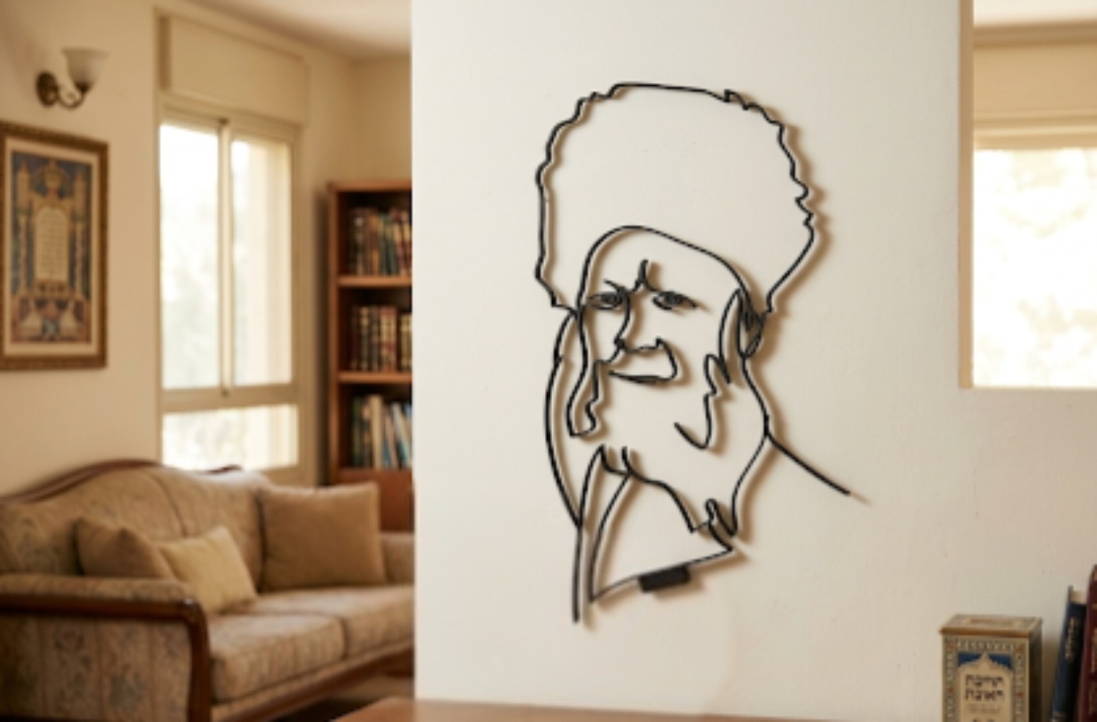 דיוקן רב בקו מינימליסטי היוצר צל על הקיר