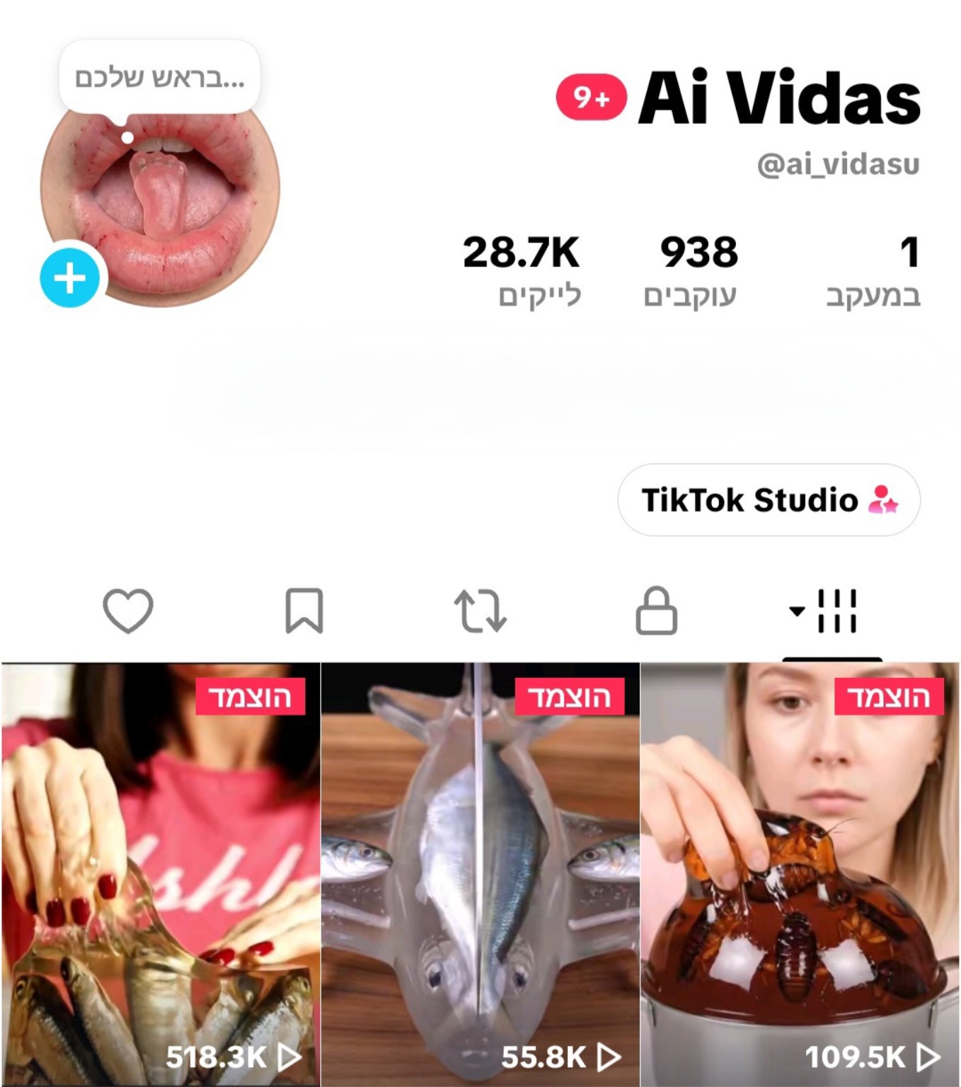 צילום מסך של חשבון הטיקטוק הבינלאומי ai_vidasu כולל נתוני צפיות